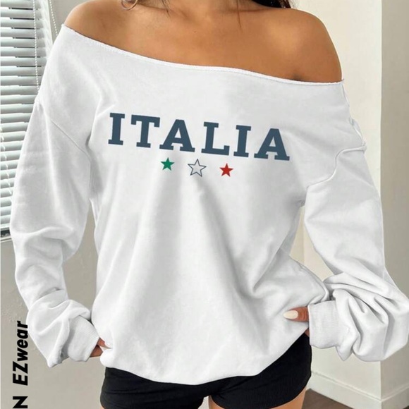 SHEIN Tops - White Off-Shoulder Italia Sweatshirt